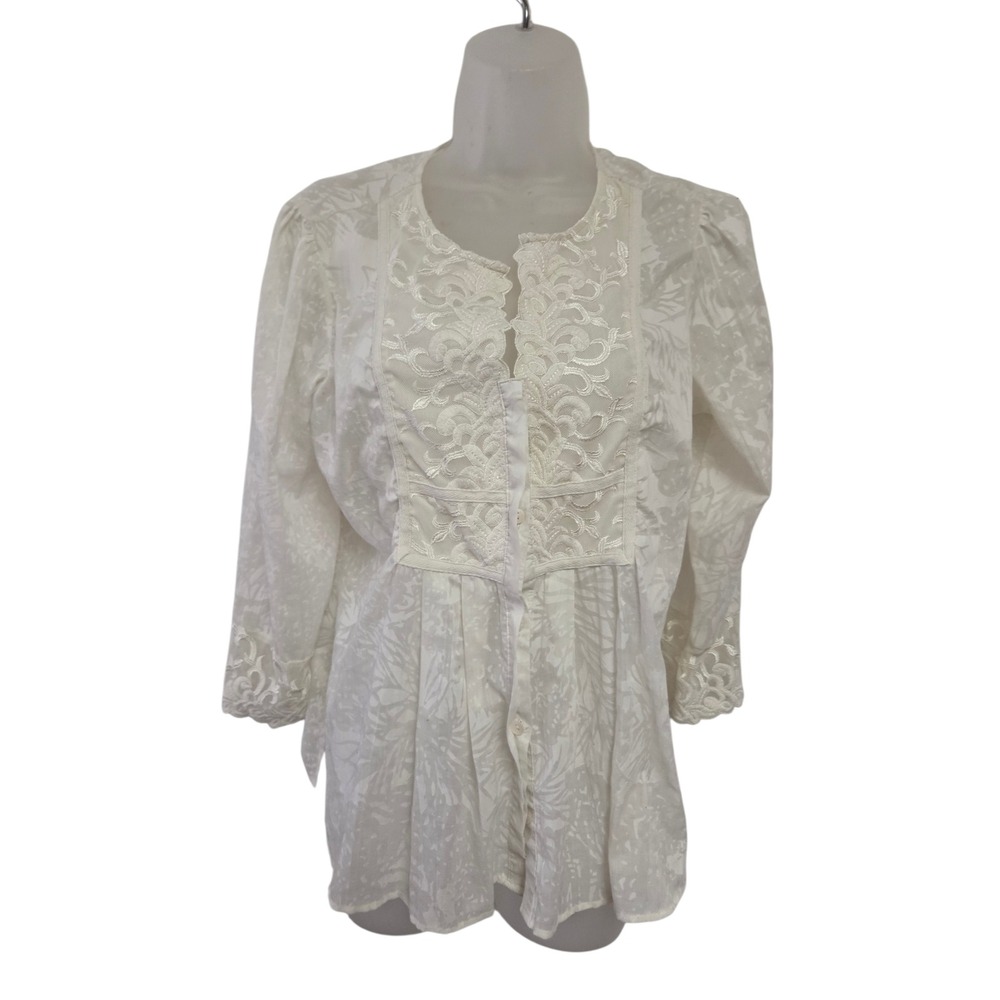 Coldwater Creek PM Petite White Lace Embroidered Blouse Boho Cottagecore Top